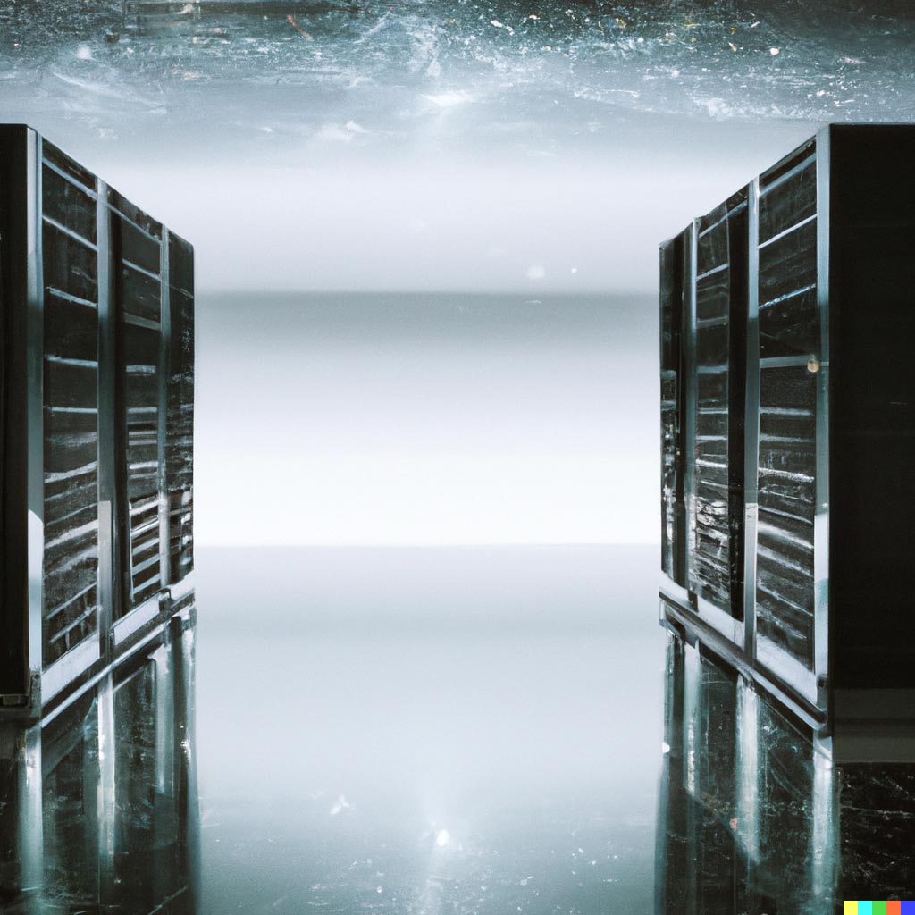 DALL·E prompt: Two glossy server racks on an infinite flat surface, space movie Interstellar (2014)